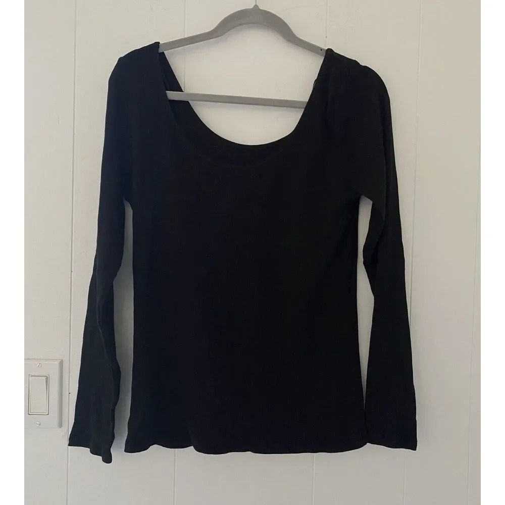 ASOS River Island Sz 16 Black Ribbed Scoop Neck Long Sleeve NEW
